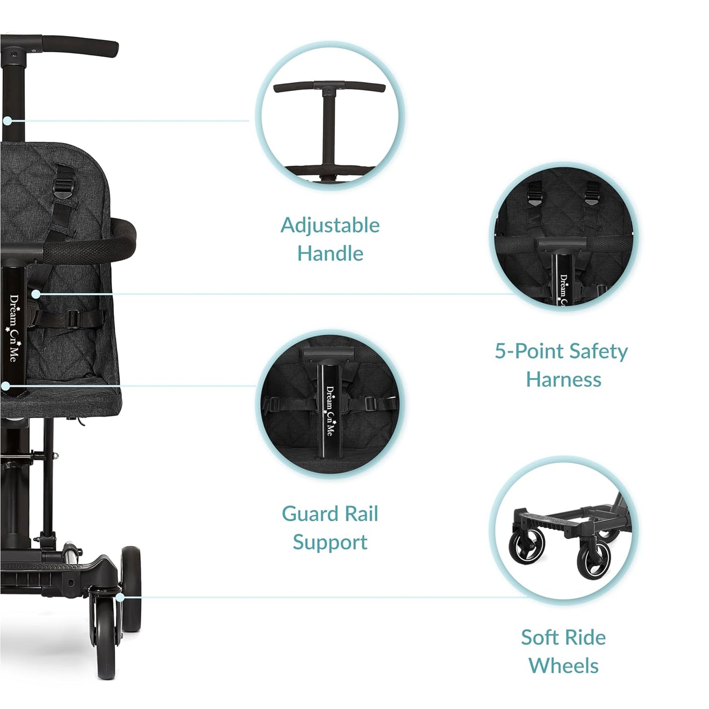 Dream On Me Lightweight and Compact Coast Rider Stroller with One Hand Easy Fold, Adjustable Handles and Soft Ride Wheels, Black