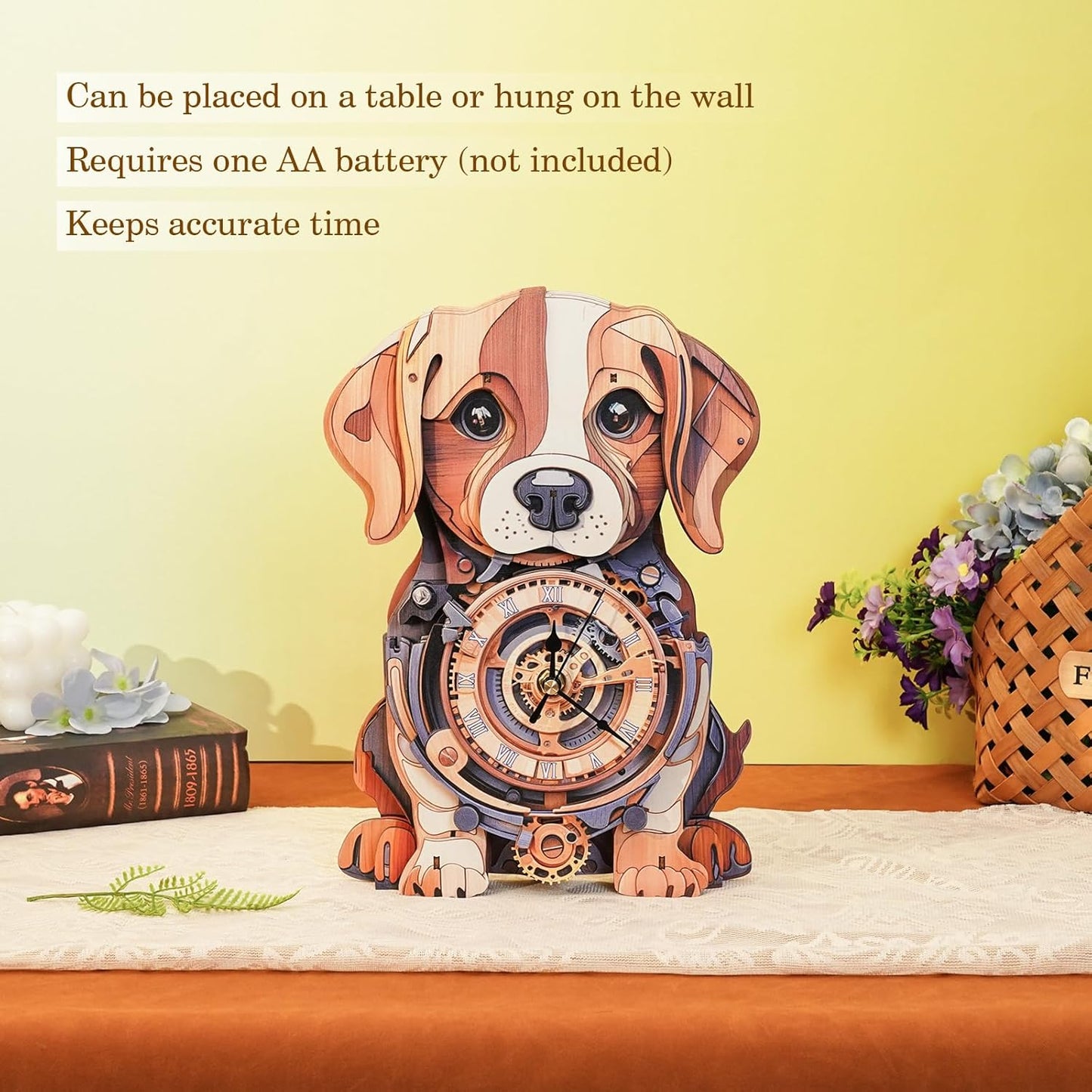 Cutywood 3D Puzzles for Adults Clock-Beagle Design Model Kit-Mechanical DIY Pendulum Clock with Roman Numerals-Desk Home Office Decor Personalized Gift for DIY Lovers