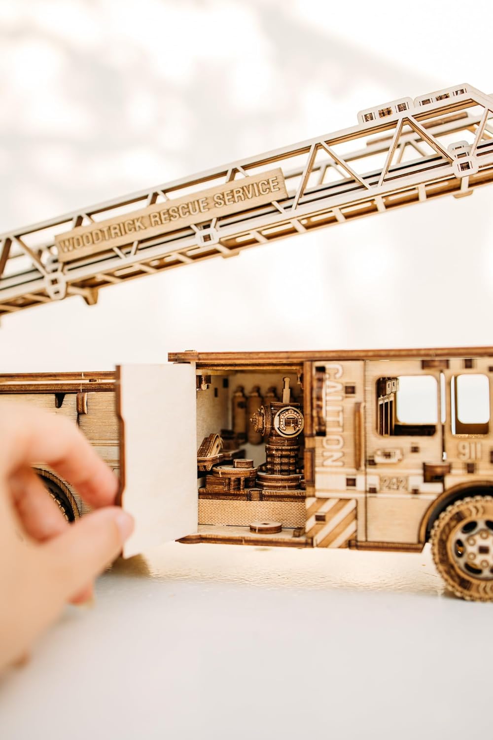 Wood Trick Rescue Firetruck Movable - Rotating Extendable Ladder - 3D Wooden Puzzles for Adults and Kids to Build - Rides up to 20 ft - Wooden Models Engineering DIY Project Mechanical Model Kit