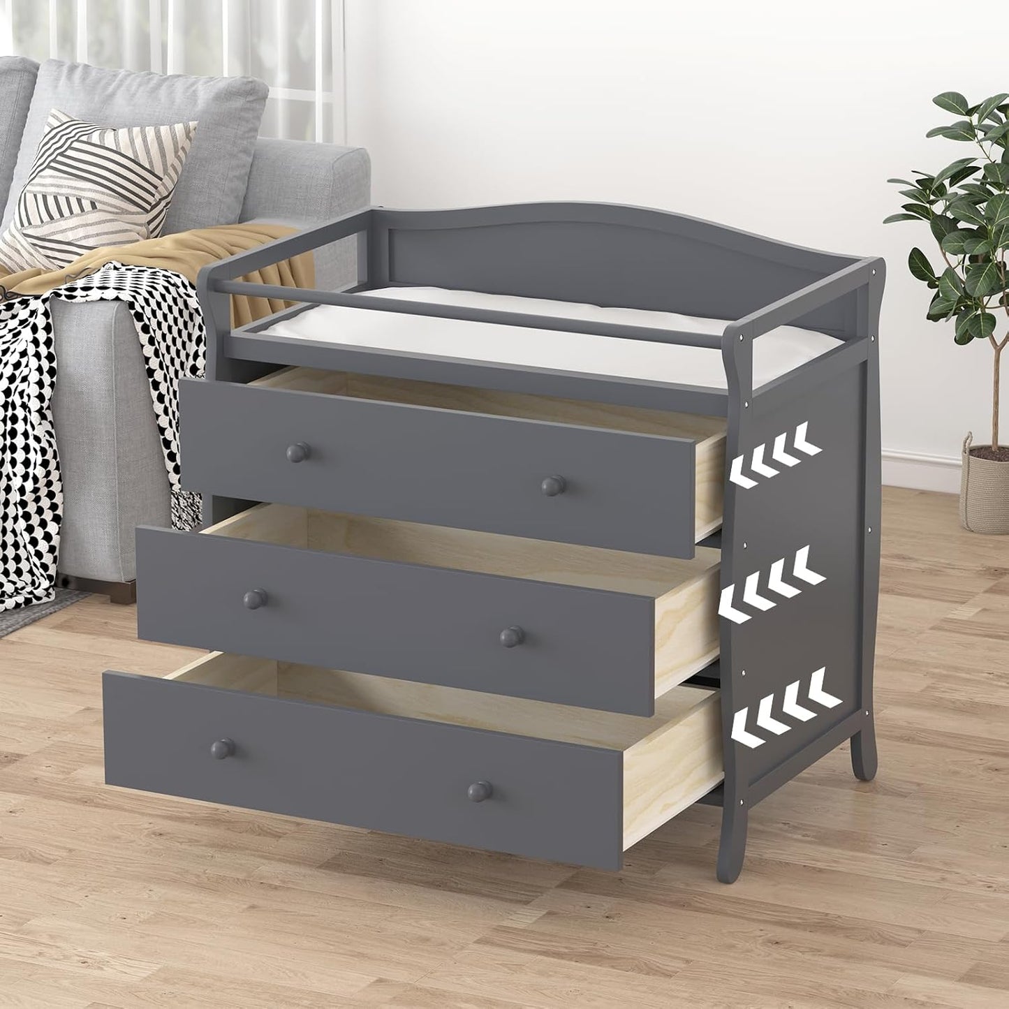 Garvee Wooden Diaper Changing Table,Baby Diaper Changing Station Infant Nursing Table with 3 Drawers, Safety Rail & Strap,Modern Baby Changing Table for Bedroom, Nursery