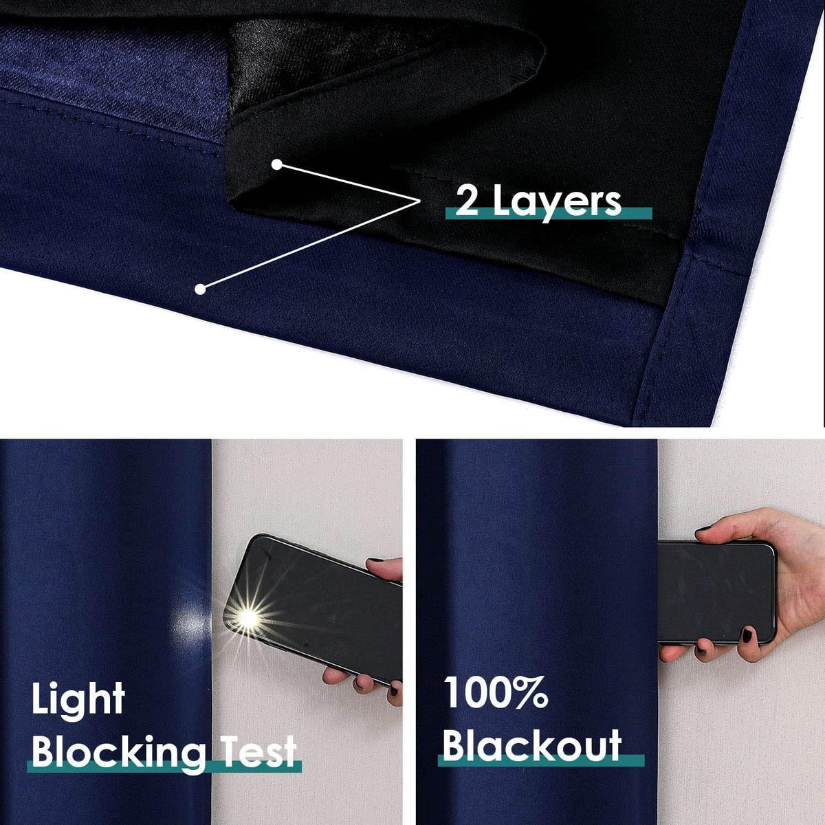 ChrisDowa 100% Blackout Curtains 90 inch Long for Bedroom with Black Liner, 2 Thick Layers Total Blackout Thermal Insulated Grommet Long Window Curtains 2 Panels Set (Navy Blue, 52 x 90 Inch)