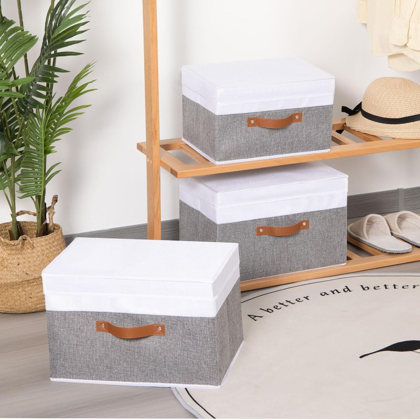Fabric Storage Boxes with Lids, Linen Foldable Cloth Baskets, 17.7 x 11.8 x 11.8 Inch Closet Organizer Containers with Double Handles, Sweater Bins for Bedroom, White and Grey, 1 Pack