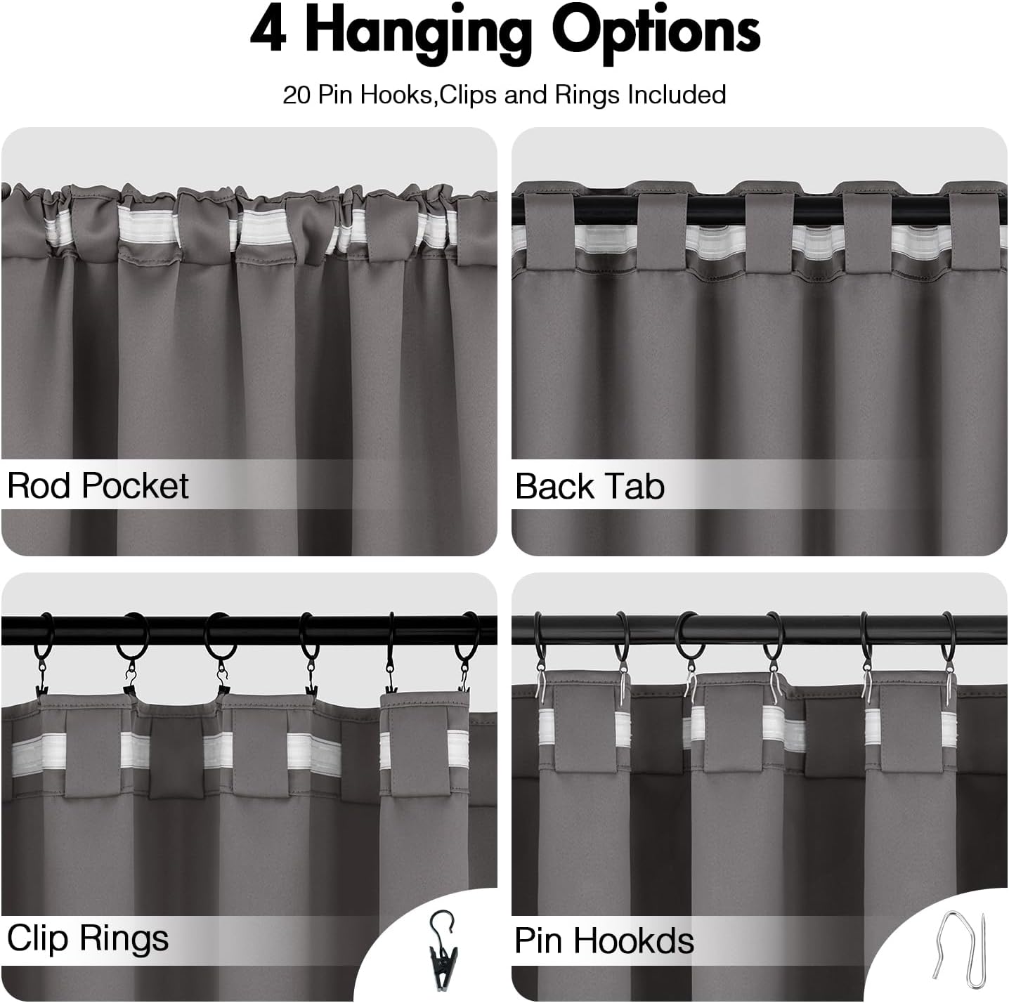 ANRODUO Back Tab Blackout Curtains for Bedroom Living Room, Rod Pocket Pinch Pleated Thermal Insulated Room Darkening Curtains 84 Inches Long 2 Panels, Grey, 52 x 84 Inch
