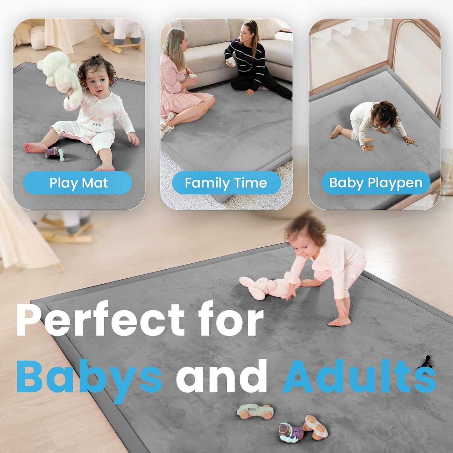 Ultra Soft Baby Play Mat,79"×118" Extra Large Activity Tummy Time Mat for Toddlers,Infants,Kids,1.3" Thick Elasti-Foam Nursery Rug for Floor,Non-Slip Safe for Crawling,Water-Repellent(Dark Grey)