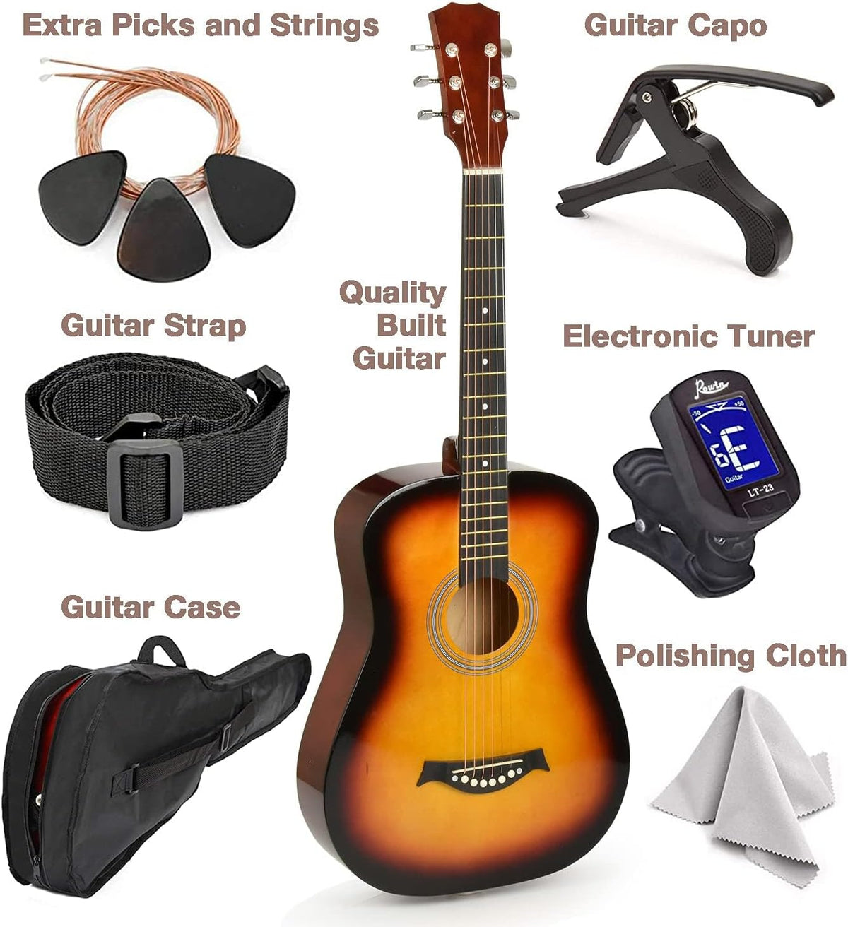 Classical Acoustic Guitar For Kids By MasterPlay- 30” Beginner Guitar For Learners- Accoustic String Starter Kit: Guitar Bag, Tuner, Strap, Extra Strings, Picks, Wash Cloth, Capo (sun)
