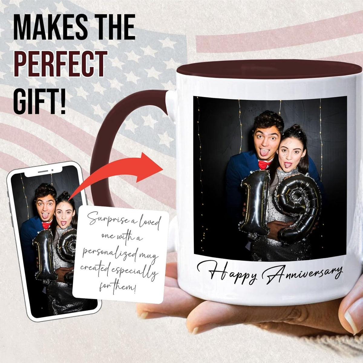 Ship Next Day Custom Mug Design Your Own Photo Text Personalized Picture Gifts for Women Men Customized Gifts Idea Personalized Coffee Mugs 15oz Dark Red Handle