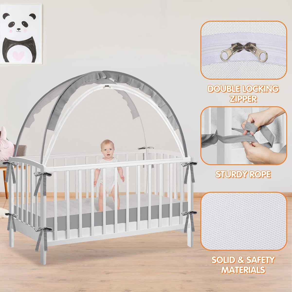 Crib Tent to Keep Baby from Climbing Out - Crib Net to Keep Baby in - Pop Up Breathable Cribs Cover - Canopy with Upgrade Strong Mesh and Durable Zipper (Grey, Lager)