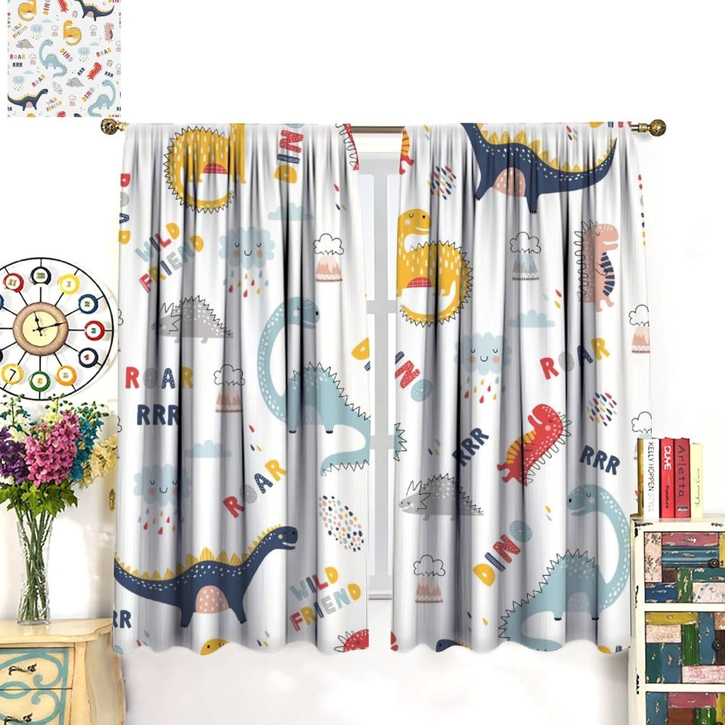 Cartoon Dinosaur Curtains for Kids Boys Girls Home Decor Colorful Cute Dino Animals Print Pattern Rod Pocket Blackout Window Drapes for Nursery Baby Bedroom Playroom W21xL54in 2 Panels