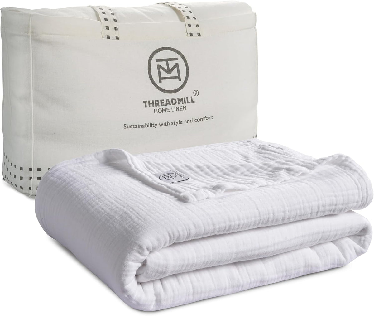 Threadmill Muslin Twin Blanket | Soft, Breathable and Lightweight Summer Blanket | 4-Layer Gauze for Kids and Adults | Twin Size | White