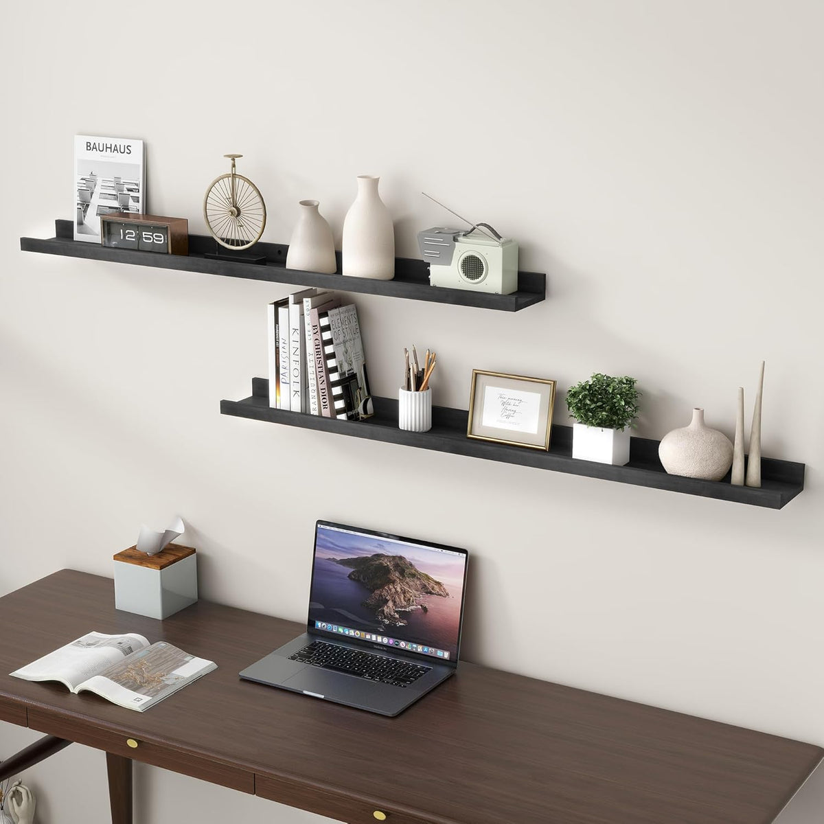 Picture Ledge Shelf for Wall, 48 inch Solid Pine Wood Nursery Book Shelves 2 Packs, Floating Ledge Shelves for Kids' Room Bedroom Bathroom Living Room Photo Frames Office Nursey Wall Decor, Black