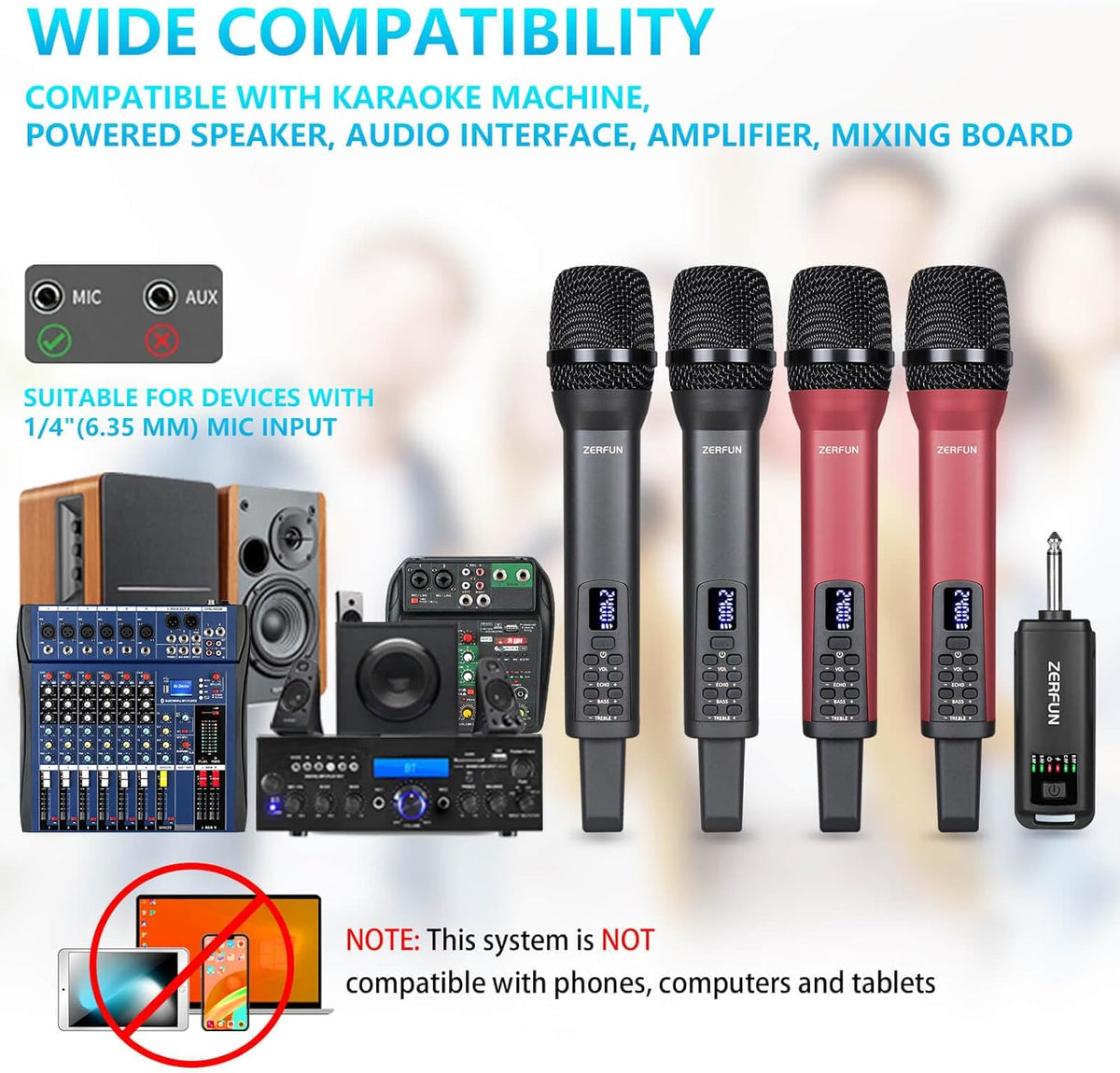Rechargeable Wireless Microphones 4, Pro Handheld Cordless Mics System Dynamic with Echo Treble BASS VOL Control for Karaoke Singing Church Party, 1/4'' Output, D240, Grey&Red