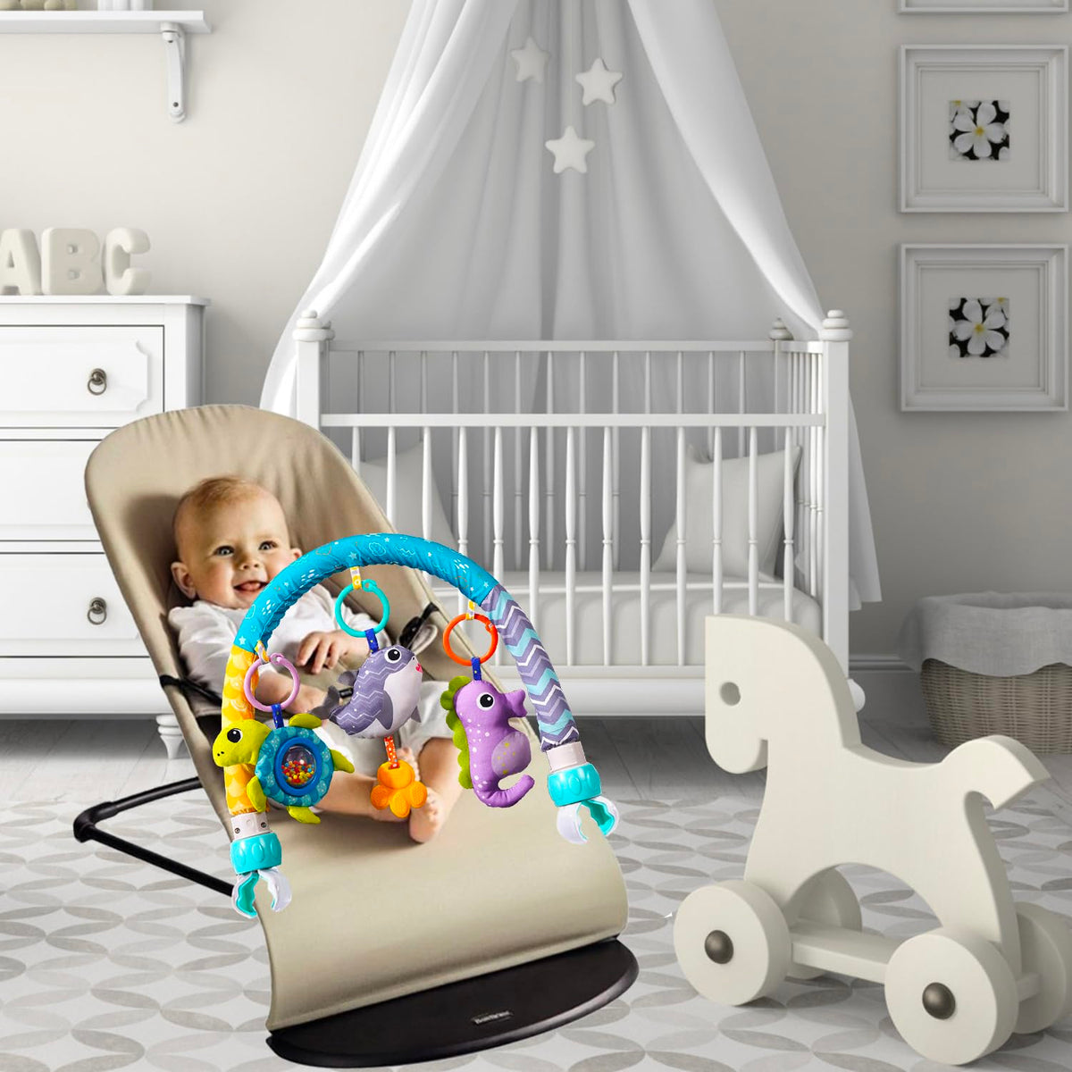 Baby Stroller Arch Toys, Crib Mobile for Infants Adjustable Bassinet Mobile with Universal Clamp, Activity Toy Bar for Bouncer Newborn CarSeat Stroller Toy Sense Toys for Baby 0 6 12 Months