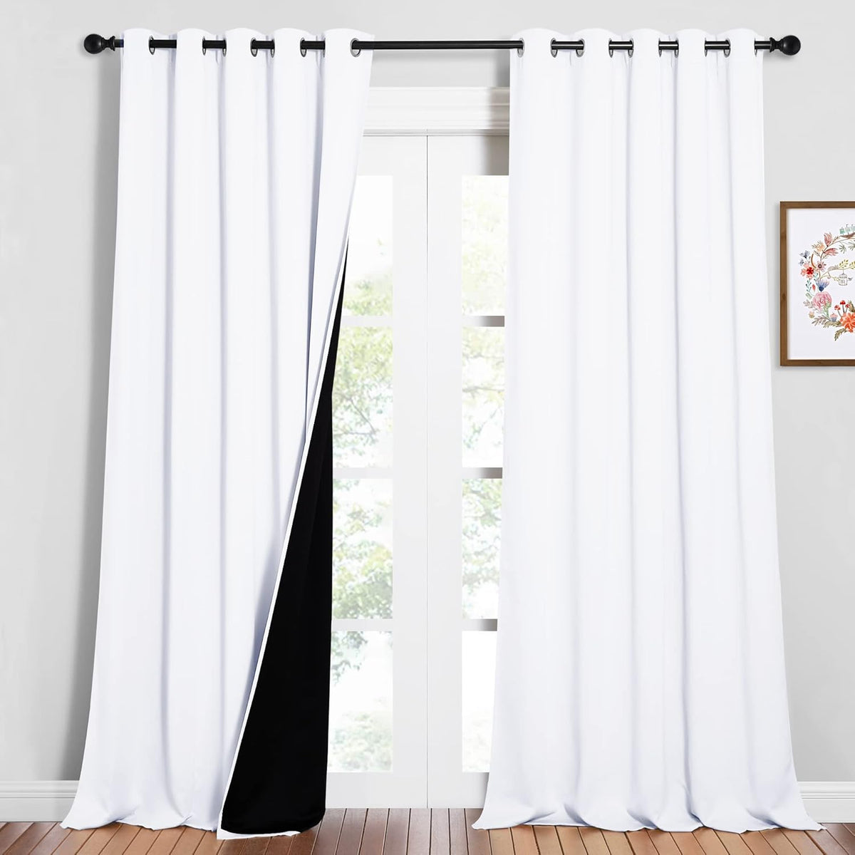 NICETOWN Full Shading Cold Blocking Curtains for Windows, Super Heavy-Duty Black Lined Blackout Curtains for Bedroom, Privacy Assured Window Treatment (White, Pack of 2, 62 inches W x 95 inches L)