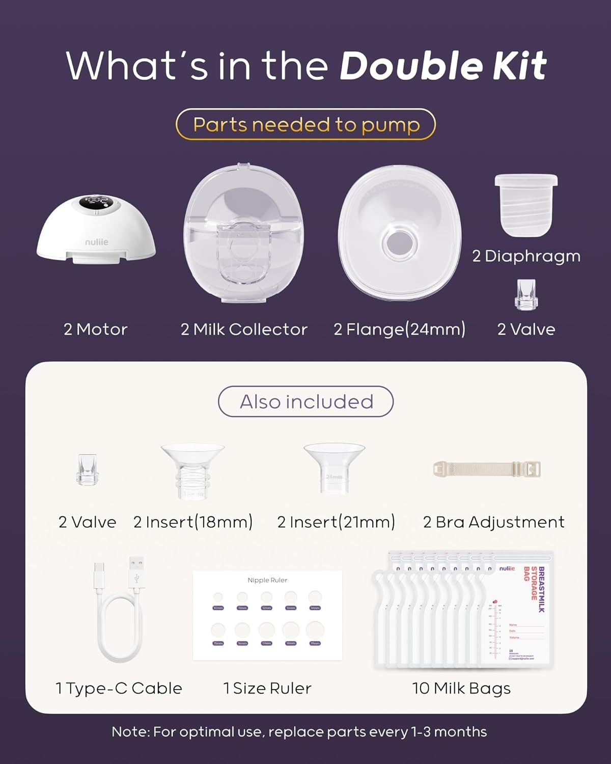 Nuliie Hands-Free Breast Pump, Wearable Breastfeeding Pump 4 Modes 9 Levels with 18/21/24MM Flange, Electric Breast Pump Portable, Replaced Pumping Accessories Included (Pink, 2 Packs)