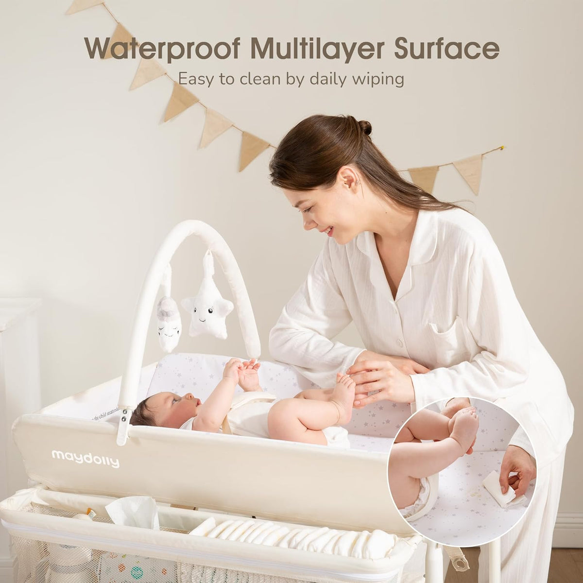 Baby Changing Table with Wheels, Maydolly Portable Foldable Changing Table, Waterproof Diaper Changing Station, Adjustable Height Changing Station, Mobile Nursery for Newborn and Infant (Beige)