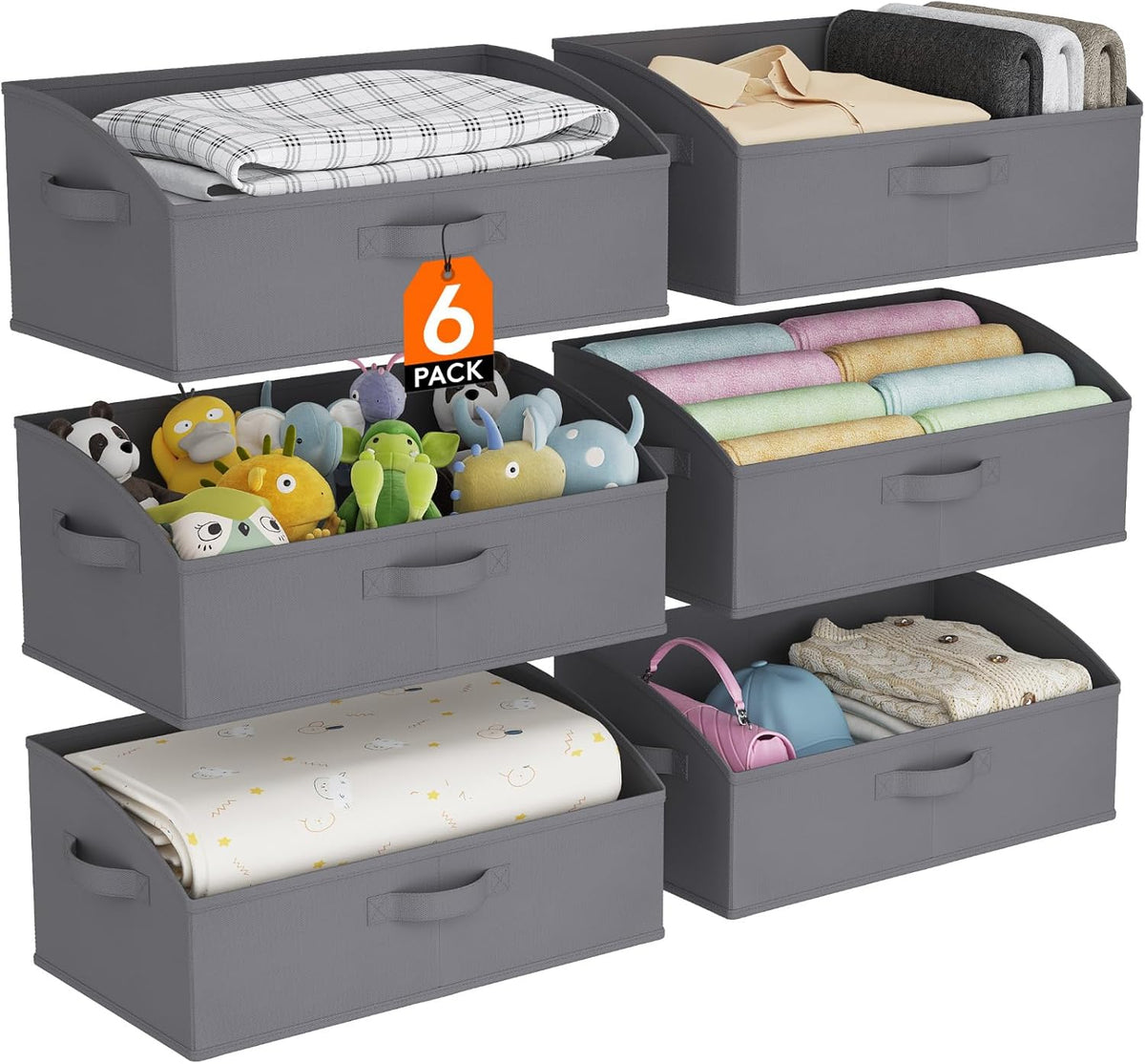 Lifewit Storage Baskets for Shelves, 6 Packs Non-woven Fabric Trapezoid Closet Organizer Bins with Handles, Foldable Clothing Containers Box for Clothes, Toy, Towel, Book, DVD, Hats, Large-Grey