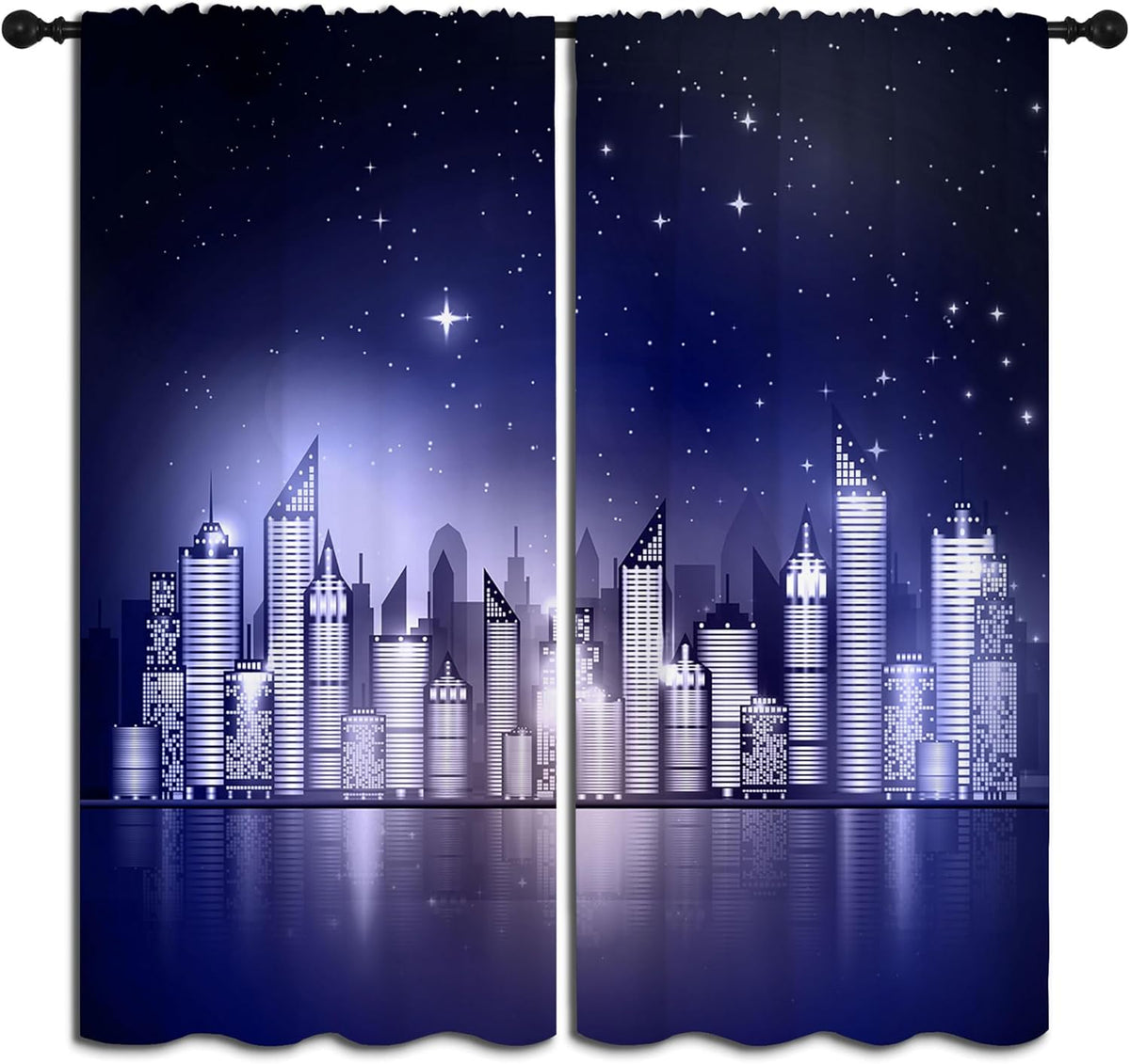 City Rod Pocket Blackout Curtains for Boy Girl Bedroom, New York Skyline Modern City Starry Sky Night View Thermal Insulated Home Window Drapes for Living Room Darkening, 55x63 inch