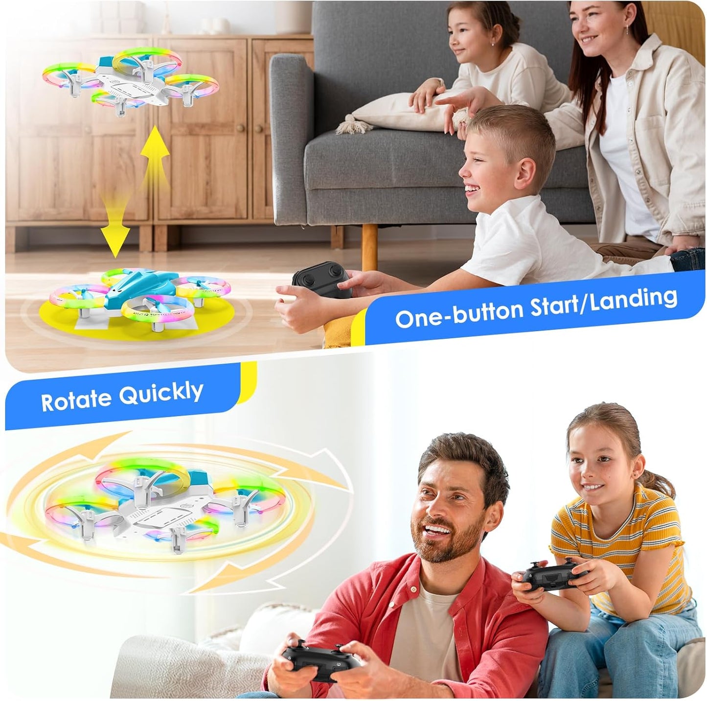 Drone, Mini Drone for Kid and Beginner with Led Light, Small Indoor Rc Drone with 360 Flip, 2 Batteries, One Key Take Off Landing, Kids Flying Toy Gift for Boy and Girl（Light Blue)
