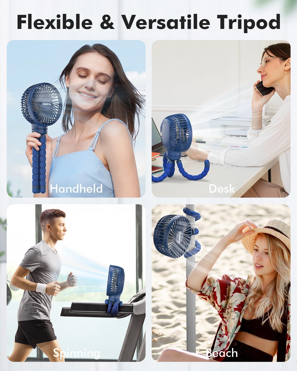 FRIZCOL Stroller Fan for Baby - Portable Fans Rechargeable - Battery Operated Fan(Use for 24Hrs) - Fan for Handheld/Clip On/Car Seat/Desk/Camping (Dark Blue)