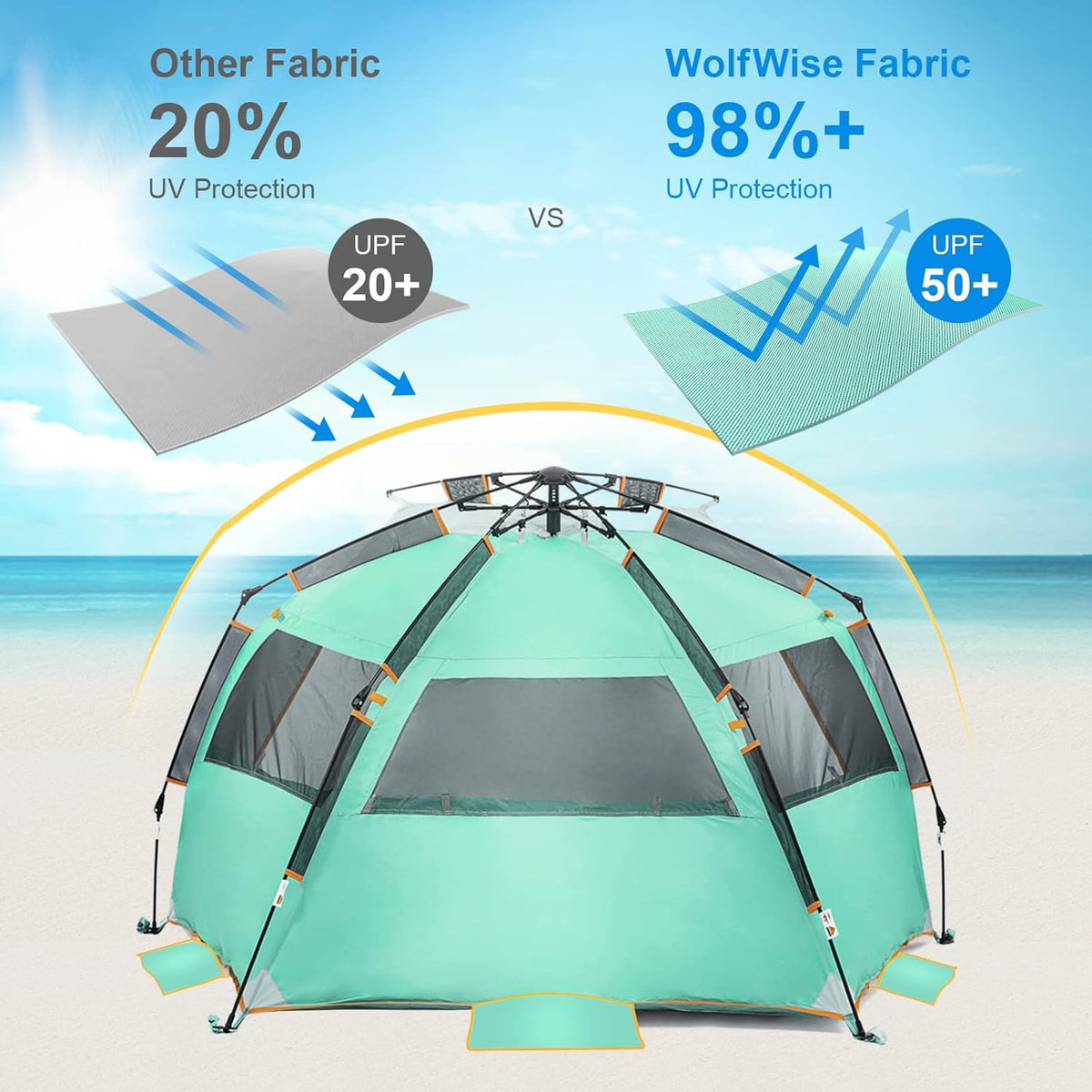 WolfWise 3-4 Person Easy Up Beach Tent UPF 50+ Portable Instant Sun Shelter Canopy Umbrella with Extended Zippered Porch, Mint Green