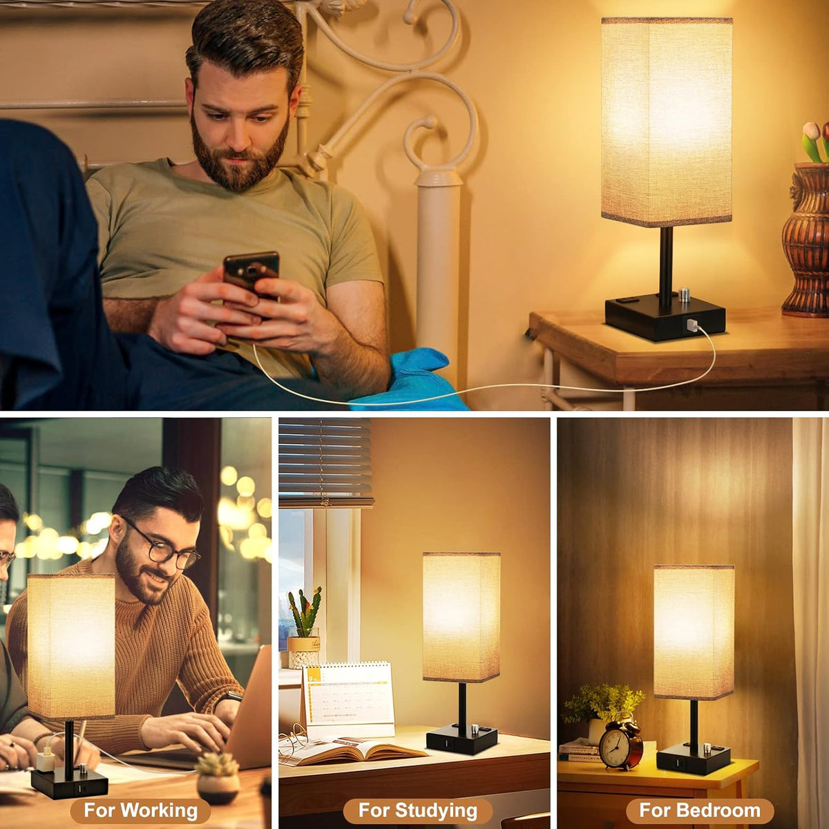 Gray Fully Dimmable Nightstand Lamps Set of 2 - Table Bedside Lamp with USB C+A Charging Ports & 2 AC Outlets, Square Lamp Sets Linen Fabric Shade for Bedroom Living Room(Bulb Included)