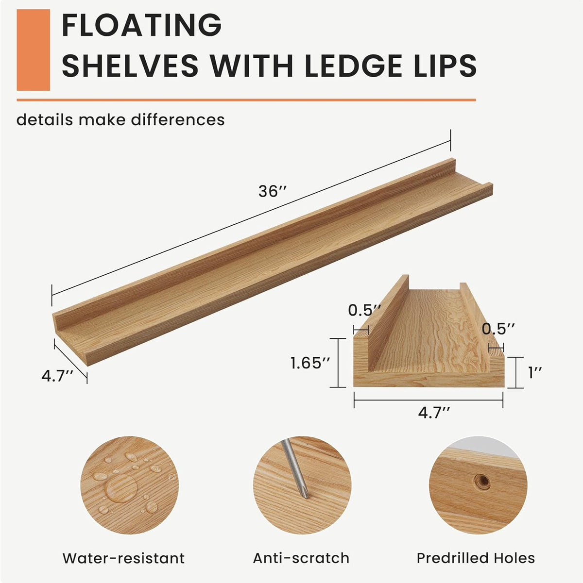Solid Ash Wood Picture Ledge Shelf, 36 Inch Floating Shelves with Lip Set of 2, Photo Ledge Shelf Nursery Bookshelf Wall Mounted for Living Room Bedroom Decor, Natural