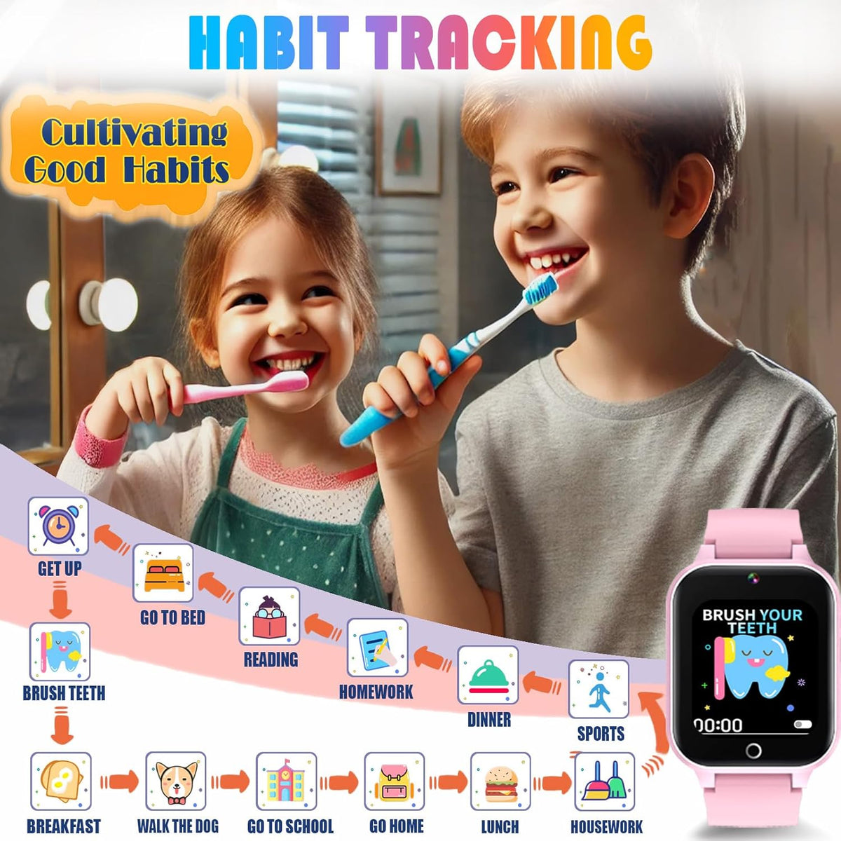 Goodatech 1.69'' Kids Smart Watch for Kids Boys Girls, HD Camera,26 Puzzle Games,Video Music Player,Pedometer,Flashlight,Alarm Clock, Christmas Birthday Gifts for 4-12 Years Children (Pink)