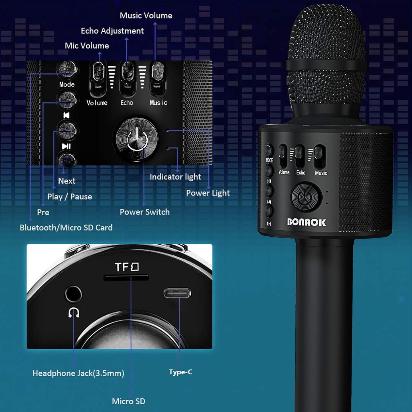 BONAOK Wireless Bluetooth Karaoke Microphone,3-in-1 Portable Handheld Karaoke Mic Speaker Machine Home Party Birthday for All Smartphones Q37 (Black)