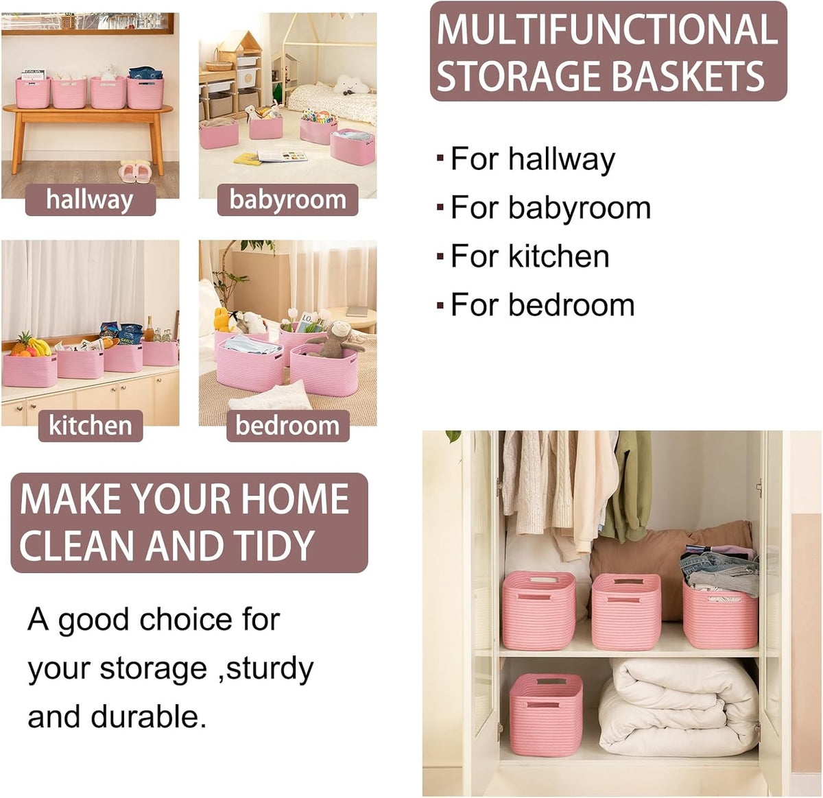 OIAHOMY 4 Pack Storage Baskets for Organizing, Cube Storage Bins for Shelves, Rectangle Storage Baskets With Handles, Woven Baskets for Storage, 12.7''Lx9''Wx7.8''H, Pink