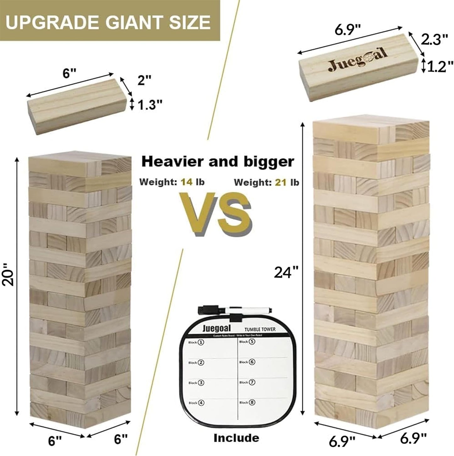 Juegoal 54 Piece Giant Tumble Tower, Wooden Block Game with Gameboard, Canvas Bag for Outdoor Yard Playing,6.9 x 6.9 x 24 Inches