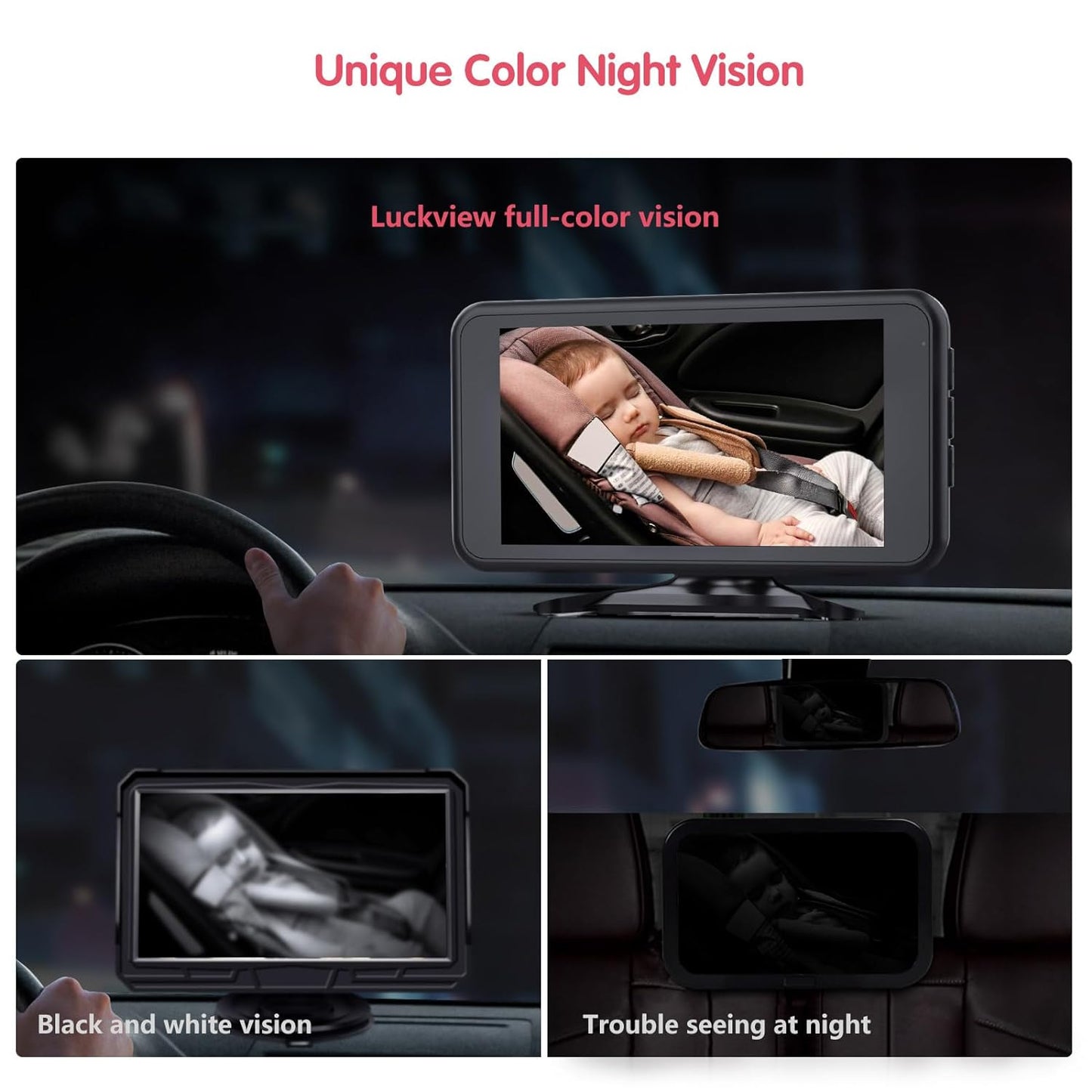 BM2 Car Camera for Baby, 5.2" 1080P Screen with 3X Zoom, Clear Rear-Facing View, 360° Rotating Lens, Easy Installation – Safety for Infants and Pets
