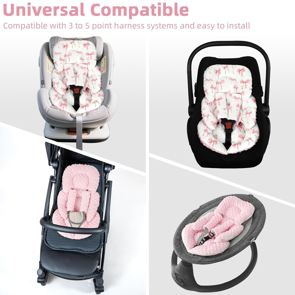 Infant Car Seat Insert Cushion, Baby Car Seat Head Body Support for Girls & Boys, Reversible Newborn Car Seat Insert with 2 Extra Strap Paddings, Premature Car Seat Cushion, Pink Bow