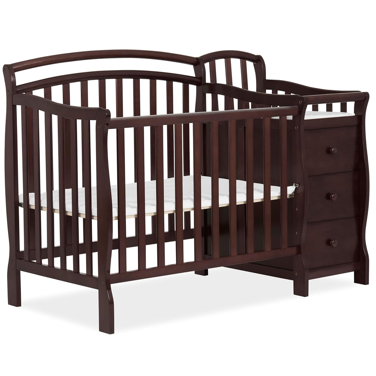 Dream On Me Casco 3-in-1 Mini Convertible Baby Crib & Changer with Storage in Espresso, Pinewood, GreenGuard Gold & JPMA, 1” Mattress Pad, 3 Mattress Heights, Converts to Mini Day & Twin-Size Bed