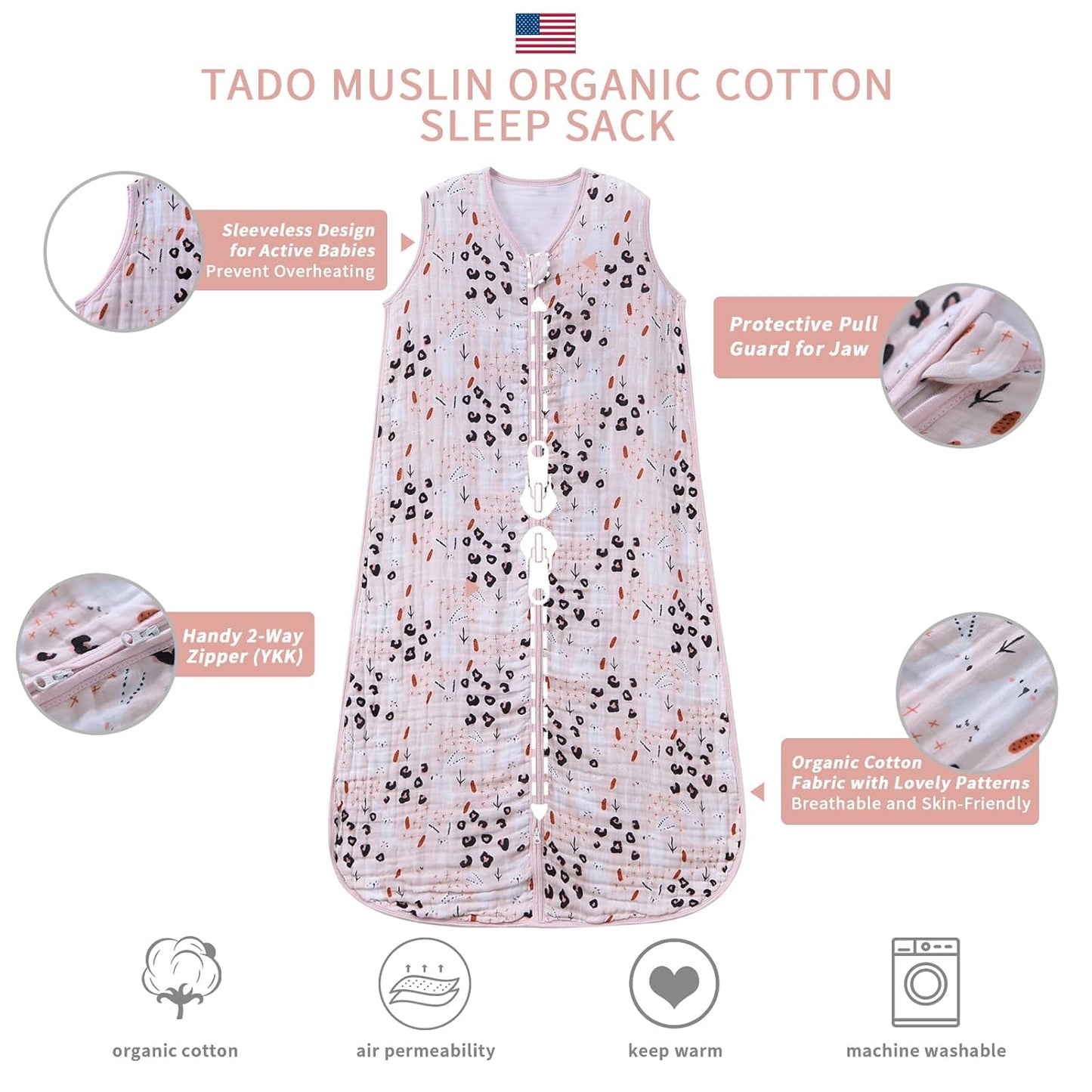 Baby Sleep Sack 0-6 Months Wearable Blanket for Babies 100% Organic Cotton 2-Way Zipper YKK 0.5 TOG Toddler Sleeping Sacks Bunny