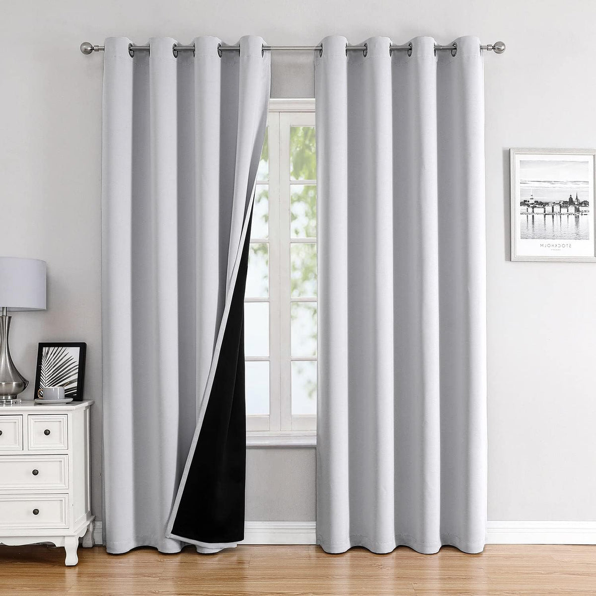 ChrisDowa 100% Blackout Curtains 80 inch Long for Bedroom with Black Liner, 2 Thick Layers Total Blackout Thermal Insulated Grommet Window Curtains 2 Panels Set (Greyish White, 52 x 80 Inch)