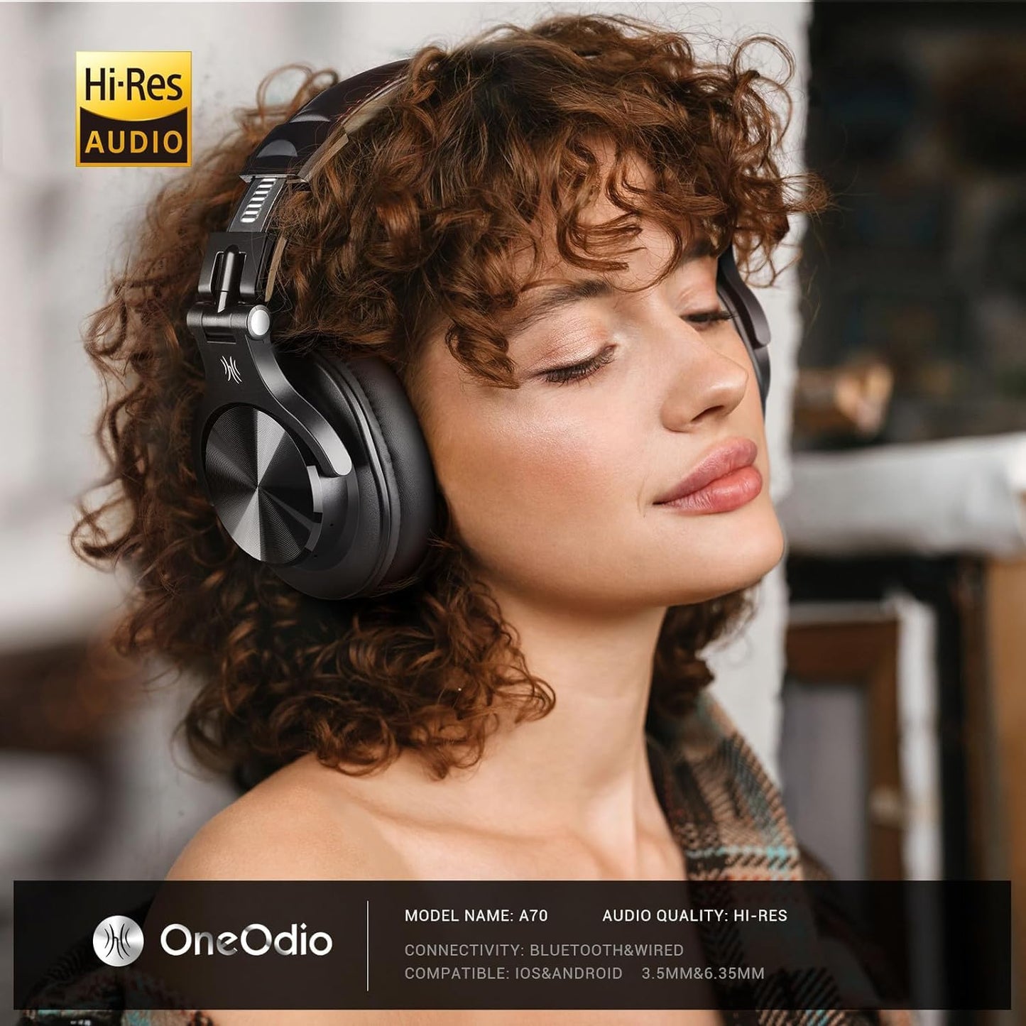 OneOdio A70 Bluetooth Over Ear Headphones, Wireless Headphones with 72H Playtime, Hi-Res, Built-in Mic, 3.5mm/6.35mm Wired Audio Jack for Studio Monitor & Mixing DJ Guitar AMP, Computer Laptop PC