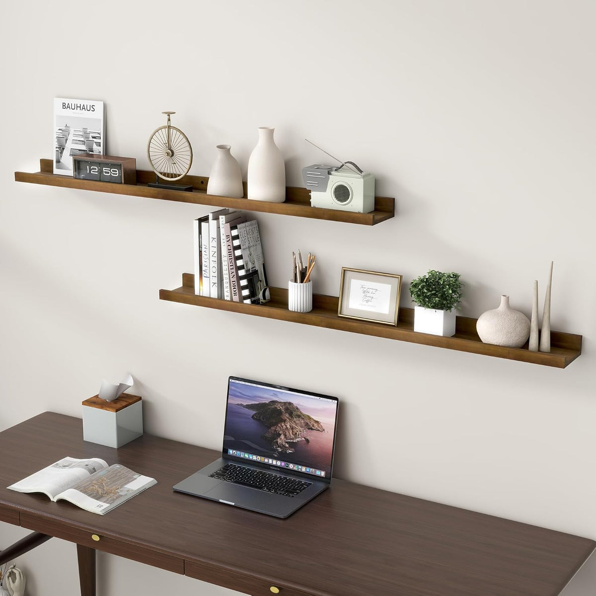 Picture Ledge Wall Shelves 48 inch Width Set of 2, Solid Pine Wood Rustic Floating Ledge Shelves for Wall for Kids' Room Bedroom Kitchen Bathroom Living Room Nursery Display Wall Decor, Walnut