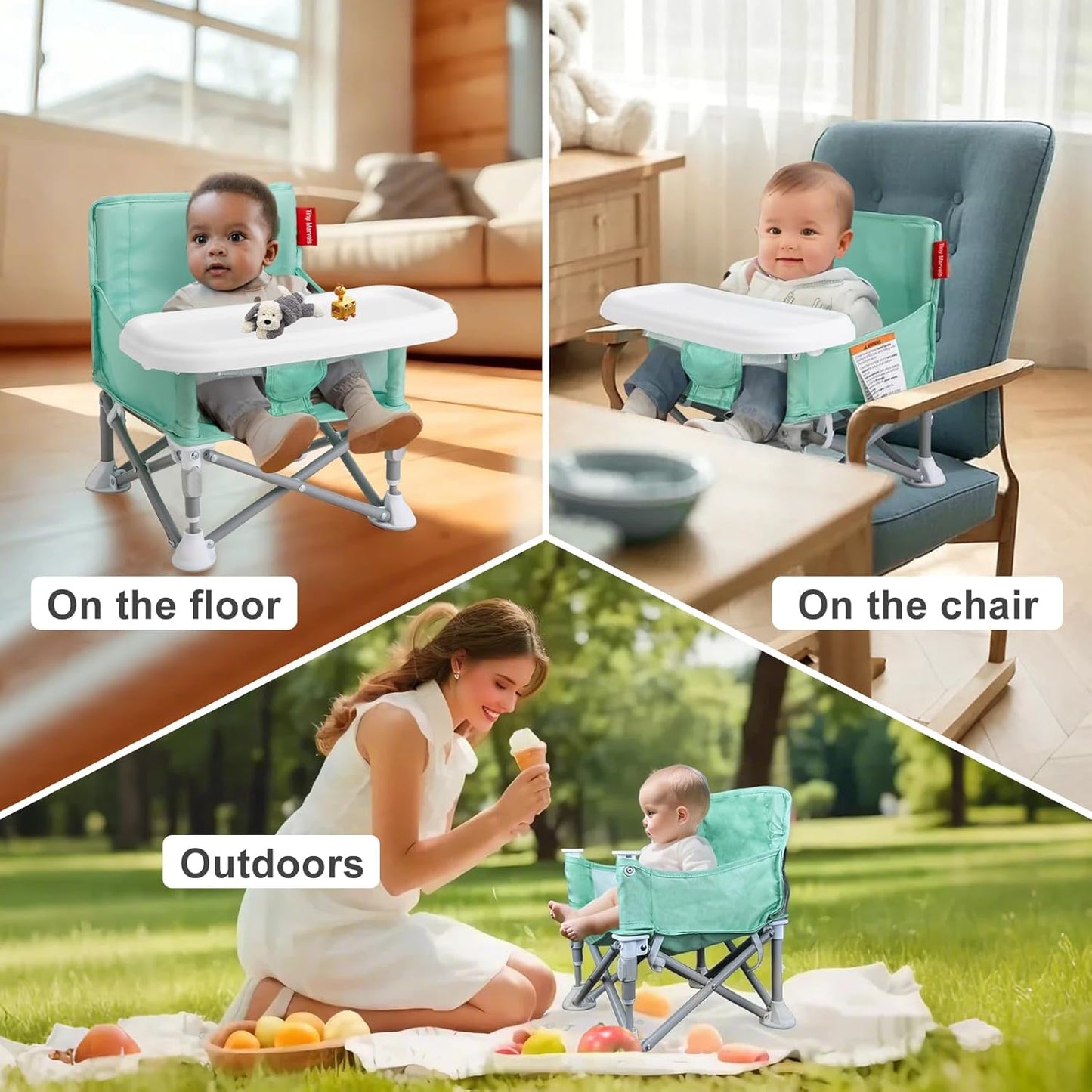 Tiny Marvels Portable 3-in-1 Baby Booster Seat – Cozy Floor Seat, Feeding Seat with Tray, Toddler Booster – Compact, Foldable, Safe with Child Safety Belt Carry Bag – Perfect for Travel & Family Time