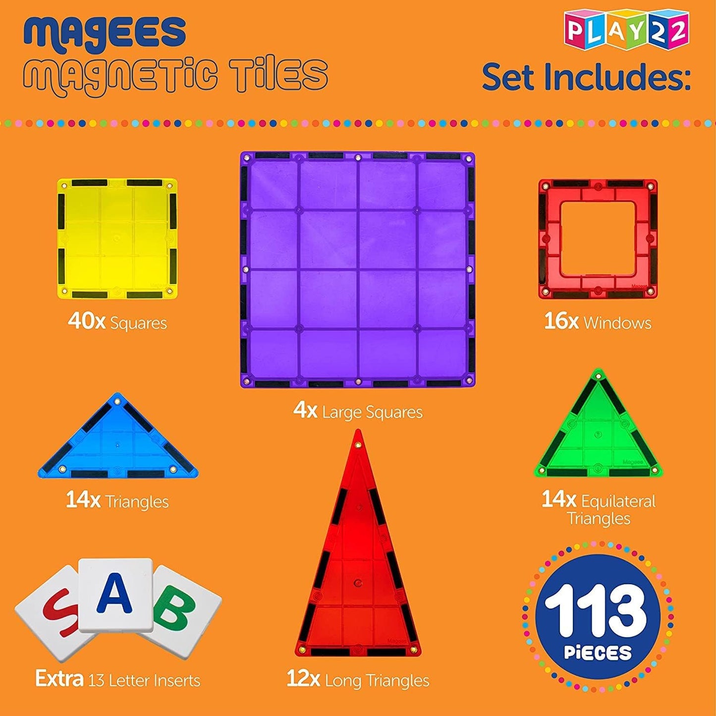 Magnetic Tiles Building Blocks - 113pcs Advanced Set - STEM Toys for 3+ Year Old Boys and Girls -Strongest Magnets - Includes 13 Piece Insert Alphabet Cards - Learning by Playing