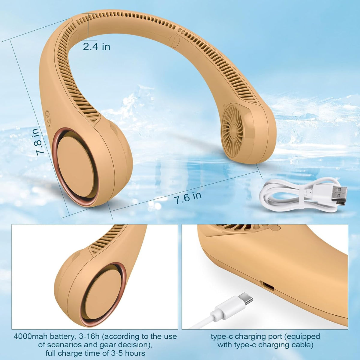 CIVPOWER Neck Fan: Portable Personal Neck Cooling Rechargeable Bladeless Fan - Hands Free 3 Speed 4000 mAh Battery USB Operated Wearable Headphone Design - for Men Women Outdoor Indoor (Orange)