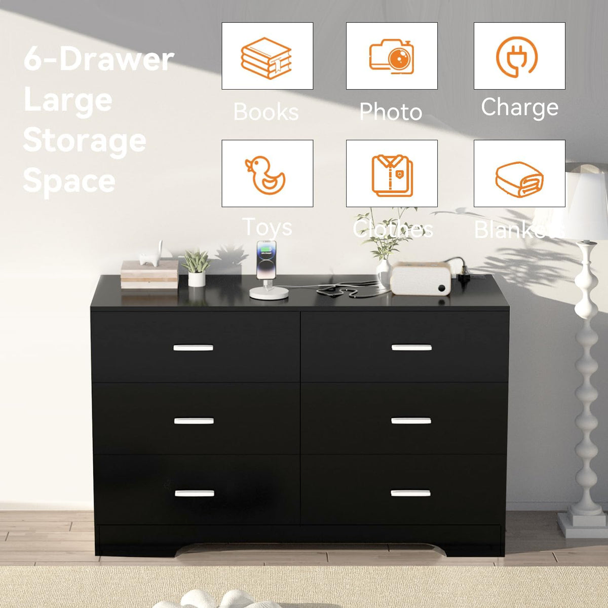 Dresser with Power Outlets Wooden 6 Drawer Dresser with USB and Type C Port Chest of Drawers for Bedroom Tall Black Organizer Storage for Living Room Hallway Closet