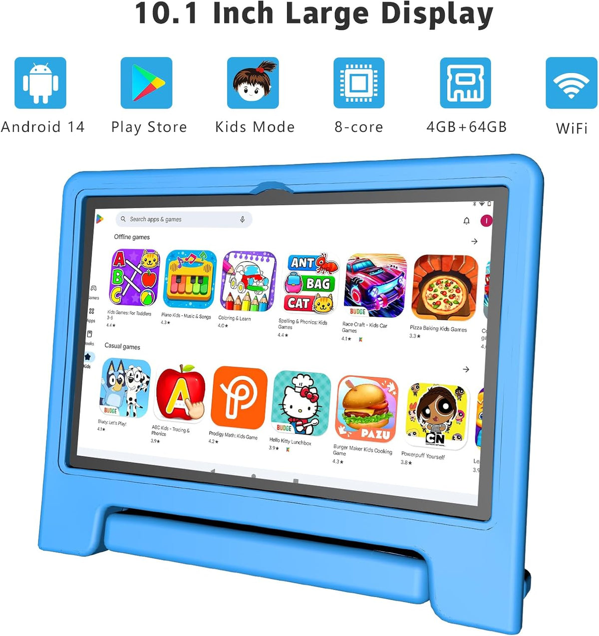 Kids Tablet, 10.1 Inch Tablet for Kids Android 14, 64GB Octa-Core, WiFi, Big Battery, Kids Space, Parental Control 1280 * 800 HD Display Children Tablets Blue