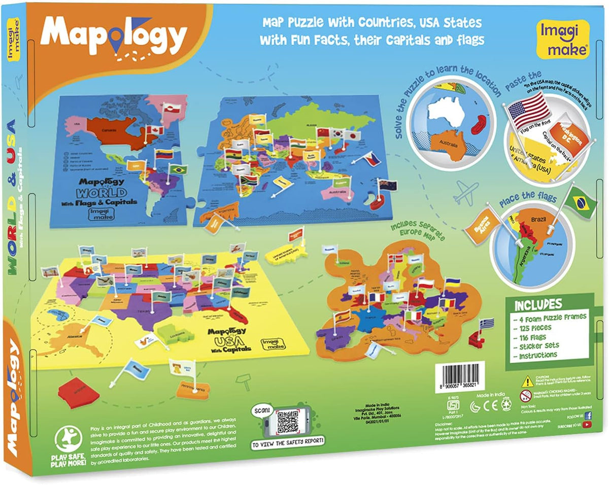 Imagimake Mapology USA & World Map Puzzle with Flags, Capitals, Stickers | Educational Toys for Ages 5-7 | Jigsaw Puzzles for Kids Ages 8-10 | Geography Toys for Ages 8-13 | 6 Year Old Boy/Girl Gifts