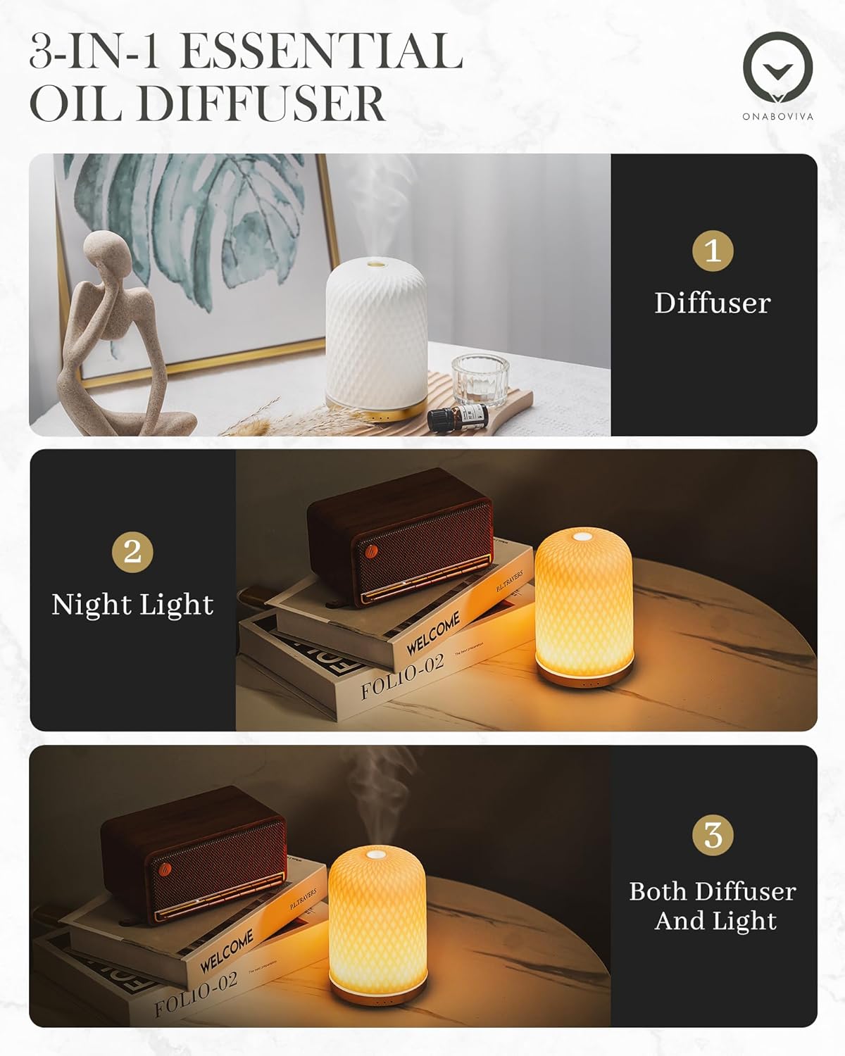 Essential Oil Diffuser,110ML Diffusers for Essential Oils Large Room, Ceramic Diffusers USB Powered Decorative Ultrasonic Defuzzer, Ideal for Aesthetic Home,Dorm Décor, Yoga,White