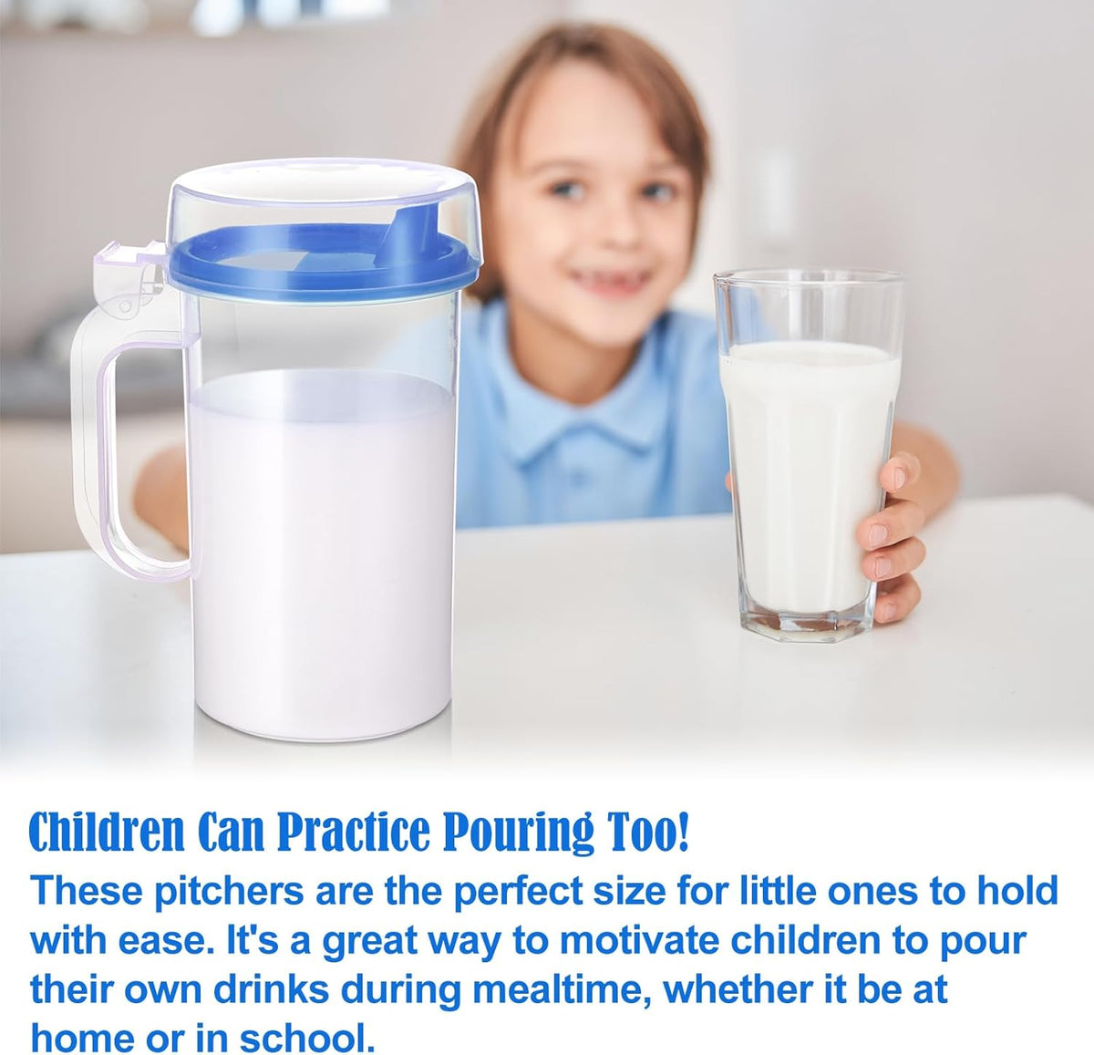 Newtay 6 Pack Early Learning Kids Easy Pouring Mini Pitchers Clear Plastic Pitcher with Lid and Handle Easy Pour Bottles 16 Oz. Jugs with Lids for Classroom Nursery Home (Blue)