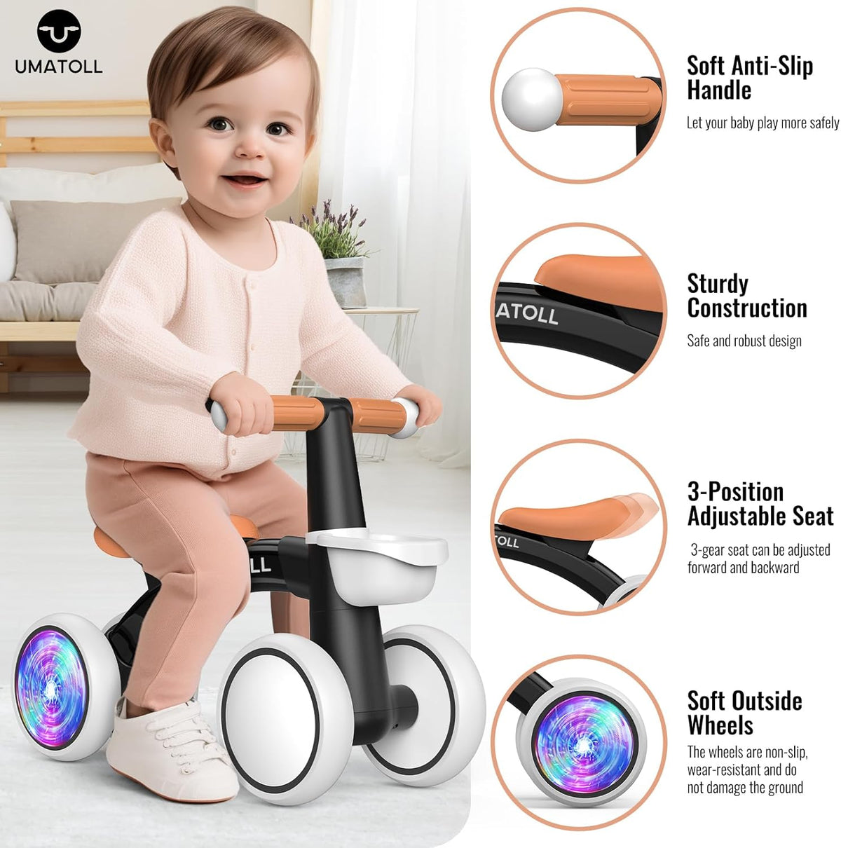 Umatoll Colorful Lighting Baby Balance Bike Toys for 1 Year Old Boys Gifts, Adjustable Seat Baby Walker, One Year Old Boy Birthday Gifts, 12-24 Months Toddler First Ride on Toys