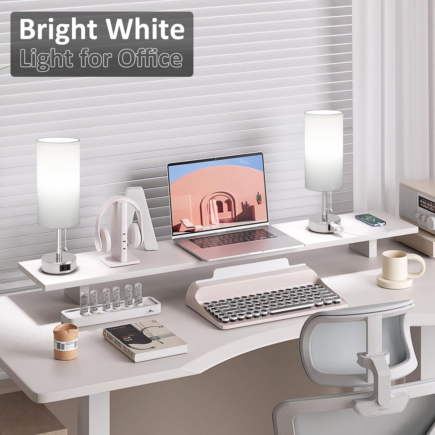 White Silver Bedside Table Lamps Set of 2-3 Color Temperatures Pull Chain Lamp with AC Outlet Charging Port, Two Round Night Stand Lamps for Bedroom, Small Bed Side Light with E26 LED Bulbs