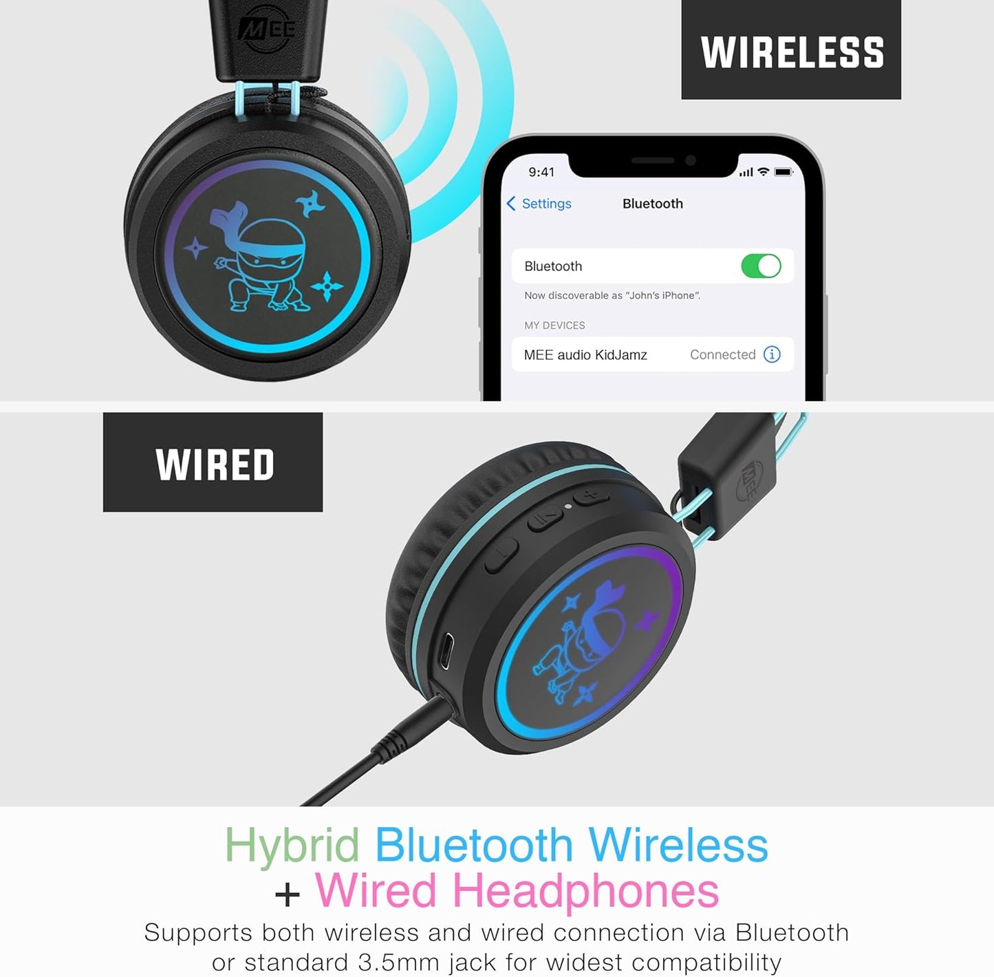 MEE audio KidJamz KJ55BT Bluetooth Wireless Safe Listening Headphones for Children with LED Lights, 85dB Volume Limiter, Microphone, & 40h Battery; Kids Headset for School/iPhone/iPad/Tablet (Black)