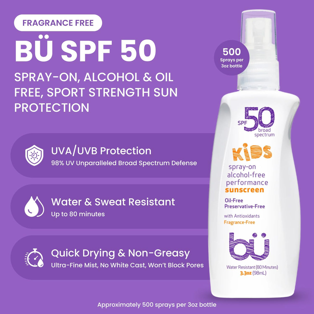 BU SPF 50 Fragrance Free Kids Sunscreen Spray for Face and Body, TSA Travel Size Sunscreen, Clear Non Aeorsol Spray, Non Greasy, Water Resistant and Oil Free, 3.3 oz (3-pack)