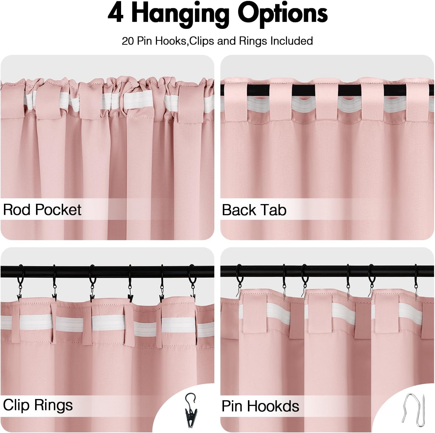 ANRODUO Light Pink Blackout Curtains for Girls Bedroom Living Room, Back Tab Rod Pocket Pinch Pleated Thermal Insulated Room Darkening Curtains 90 Inches Long 2 Panels, 52 x 90 Inch